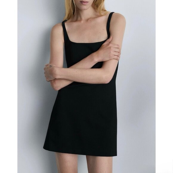 NWT Mango Square Neck A-Line Mini Dress NEW Minimalist Contemporary LBD Black XS - Picture 1 of 9